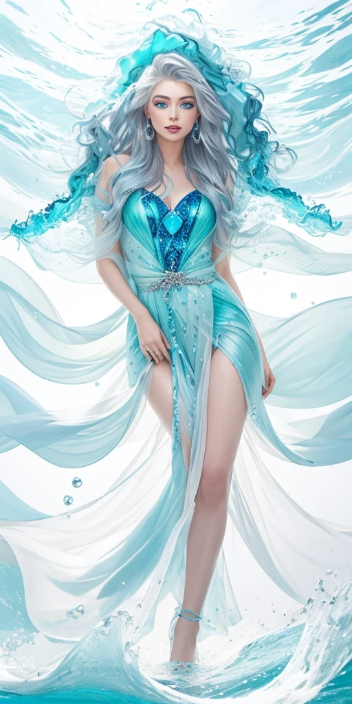 **Goddess of Water**
- **Appearance:** A stunning woman with serene, deep blue eyes, dressed in a flowing outfit of various shades of blue and turquoise. Her makeup includes shimmering blue eyeshadow and soft, glossy lips.
- **Details:** Her hair is long and flowing, streaked with shades of blue, green, and silver, resembling the waves of the ocean. The play of light and shade creates a sense of movement, with sunlight reflecting off the water.
- **Composition:** The background features a vibrant palette of blues and greens, with touches of white to represent foam and bubbles. The entire scene captures the fluidity and calm strength of water, with sharp focus on her detailed face and body.