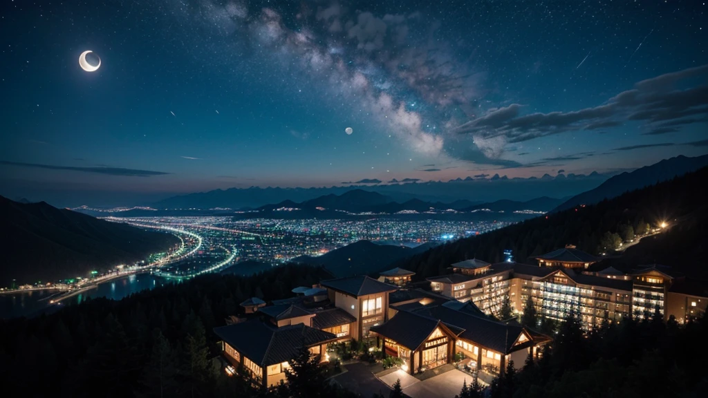 Night view of mountain resort and resort hotel。You can see the moon and the Milky Way