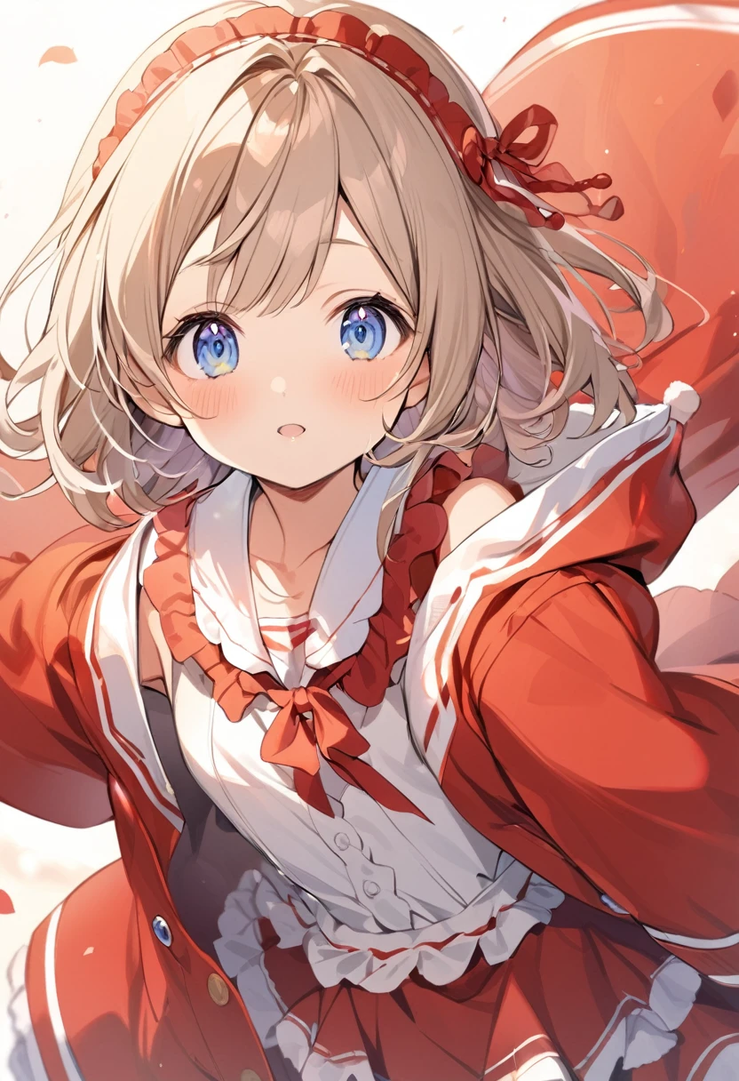 1girl 10 years old,light brown color and medium length hair,blue eyes,red randoseru,