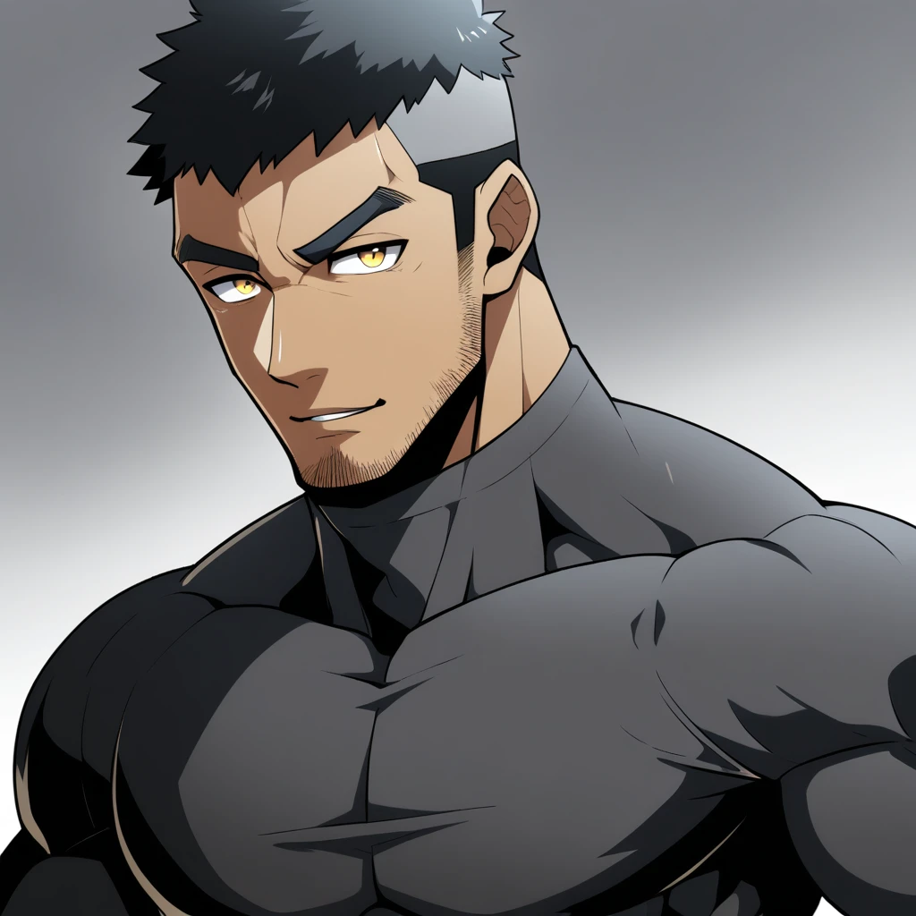 one negro, anime characters：Gyee, Hibino Kafka, Muscle Sports Student, negro black skin, Very Black, muscular tough guy, Manliness, male focus, Grey long sleeve turtleneck tight t-shirt, Regular symmetrical pattern, Very tight, muscular male, muscular, only, Upper body, alone, Black short hair, Thick eyebrows, stubble, Yellow eyes, White background, simple background, amazing quality, best aesthetics, Ridiculous, bright pupils, crew cut, parted lips, seductive smile, torogao, naughty face, best quality