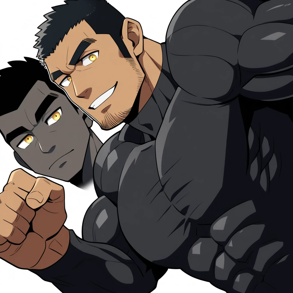 anime characters：Two superheroes in tights, Muscle Sports Student and Muscle No Face skinhead superhero, No Face，negro black skin, They hugged and kissed each other, Bite your neck, Caress, Manliness, male focus, Yellow and black high collar long sleeve tight T-shirt, Slightly transparent material, Very tight, Round, full and perky chest muscles, Muscle waist, Slightly transparent, muscular male, muscular, only, Upper body, alone, Black short hair, Thick eyebrows, stubble, Yellow eyes, Grey background, simple background, amazing quality, best aesthetics, Ridiculous, bright pupils, crew cut, parted lips, seductive smile, torogao, naughty face, drop shadow, best quality