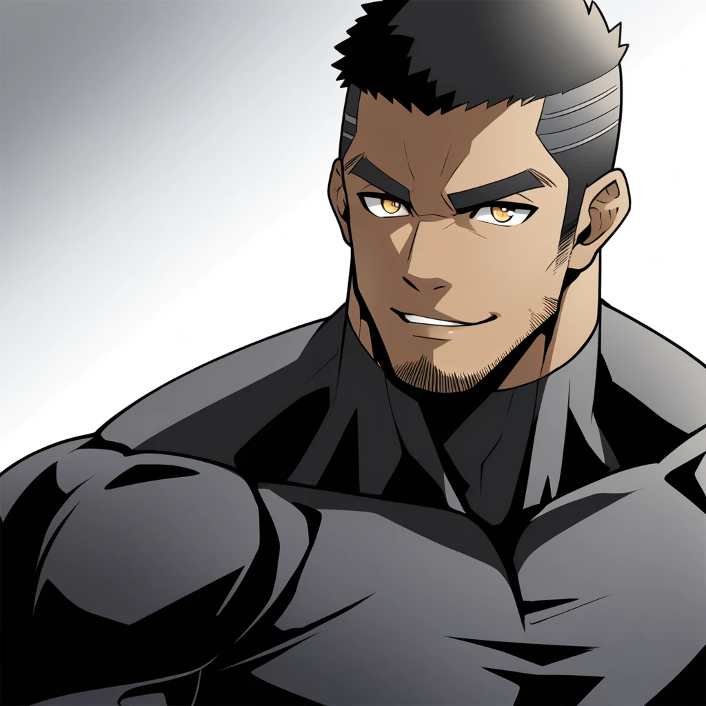 one negro, anime characters：Gyee, Hibino Kafka, Muscle Sports Student, negro black skin, Very Black, muscular tough guy, Manliness, male focus, Grey long sleeve turtleneck tight t-shirt, Regular symmetrical pattern, Very tight, muscular male, muscular, only, Upper body, alone, Black short hair, Thick eyebrows, stubble, Yellow eyes, White background, simple background, amazing quality, best aesthetics, Ridiculous, bright pupils, crew cut, parted lips, seductive smile, torogao, naughty face, best quality