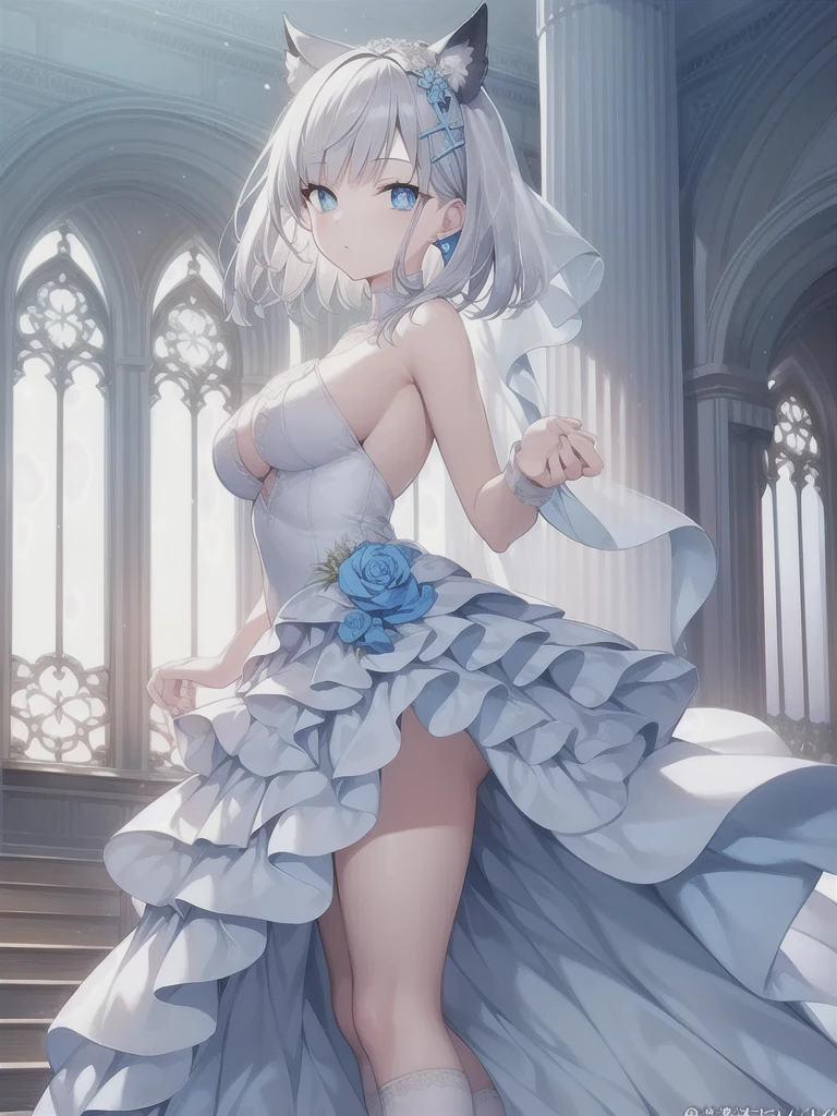 A girl,short hair, Bangs, White hair, Hair between the eyes, (Blue Eyes:1.5), (Large Breasts:1.2),
rest 锁骨, Wedding dress,veil,wedding,White dress,Flowers,Broken skirt,White socks,Tights,White knee socks,
looking at viewer, whole body,
indoors, church,Standing,Standing,
rest (masterpiece:1.2), best quality, high resolution, Unity 8k Wallpaper, (illustration:0.8), (Beautiful and delicate eyes:1.6), Extremely detailed face, Perfect lighting, Extremely detailed CG, (Perfect hands, Perfect anatomical structure),