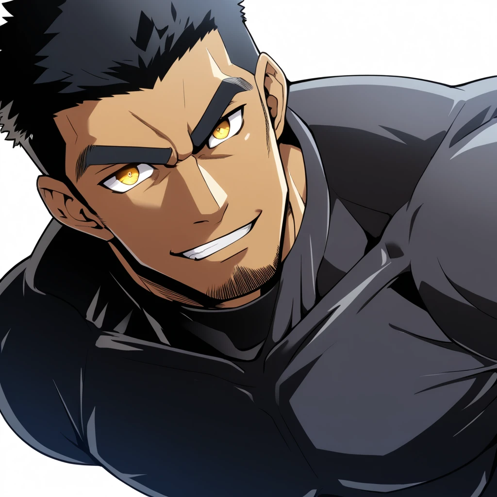 one negro, anime characters:Gyee, Hibino Kafka, Muscle Sports Student, negro black skin, Very Black, muscular tough guy, Manliness, male focus, Grey long sleeve turtleneck tight t-shirt, Regular symmetrical pattern, Very tight, muscular male, muscular, only, Upper body, alone, Black short hair, Thick eyebrows, stubble, Yellow eyes, White background, simple background, amazing quality, best aesthetics, Ridiculous, bright pupils, crew cut, parted lips, seductive smile, torogao, naughty face, best quality