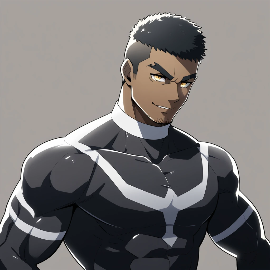 one negro, anime characters：Gyee, Hibino Kafka, Muscle Sports Student, negro black skin, Very Black, muscular tough guy, Manliness, male focus, Grey long sleeve turtleneck tight t-shirt, Regular symmetrical pattern, Very tight, muscular male, muscular, only, Upper body, alone, Black short hair, Thick eyebrows, stubble, Yellow eyes, White background, simple background, amazing quality, best aesthetics, Ridiculous, bright pupils, crew cut, parted lips, seductive smile, torogao, naughty face, best quality