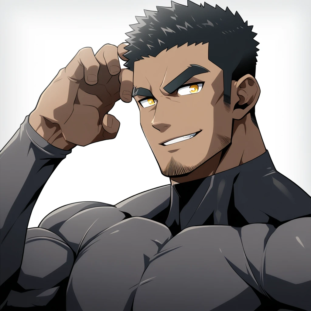 one negro, anime characters:Gyee, Hibino Kafka, Muscle Sports Student, negro black skin, Very Black, muscular tough guy, Manliness, male focus, Grey long sleeve turtleneck tight t-shirt, Regular symmetrical pattern, Very tight, muscular male, muscular, only, Upper body, alone, Black short hair, Thick eyebrows, stubble, Yellow eyes, White background, simple background, amazing quality, best aesthetics, Ridiculous, bright pupils, crew cut, parted lips, seductive smile, torogao, naughty face, best quality