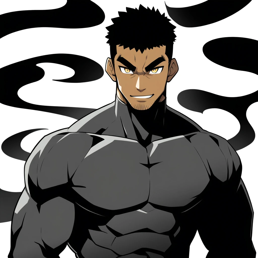 one negro, anime characters：Gyee, Hibino Kafka, Muscle Sports Student, negro black skin, Very Black, muscular tough guy, Manliness, male focus, Grey long sleeve turtleneck tight t-shirt, Regular symmetrical pattern, Very tight, muscular male, muscular, only, Upper body, alone, Black short hair, Thick eyebrows, stubble, Yellow eyes, White background, simple background, amazing quality, best aesthetics, Ridiculous, bright pupils, crew cut, parted lips, seductive smile, torogao, naughty face, best quality