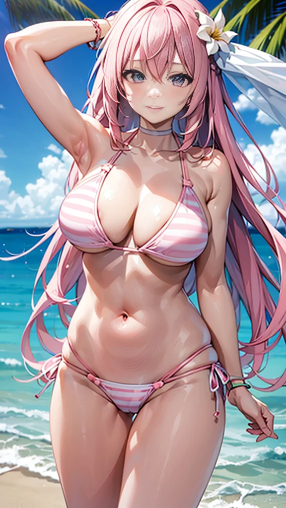 (best quality, 8k, masterpiece:1.2, nsfw,ultra-detailed,realistic,photorealistic,anime,Soft lighting,Bokeh), megurine_luka \(vocaloid\),Megurine_luka,1girl,Anime-like beautiful girl,silky smooth and very beautiful skin,very beautiful face,Ordinary chest, 5headed body,Skinny type,Not muscular,５This refers to,Manicure is cherry colored, break, Perfectly beautiful figure,Height 162cm,Bust 87cm,Waist 56cm,Hip 85cm, blue eyes, girl, very long hair, purple eyes, long hair, solo, (bangs, pink hair, shining hair, violet braid, light pink hair, braid),official alternate costume, (((Bikini swimwear))), hair ornament, hair bow, collarbone, hair flower, (((casual bikini))), (((White and pink stripes Bikini swimwear:1.4))),(((Bikini swimwear))).