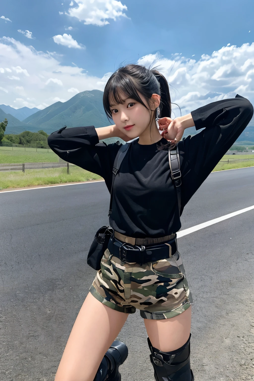 One girl、black hair、ponytail(High position)、Camouflage、Shorts(black)、belt、Laced boots(black)、black headphones、Rifle Retention、Are standing、Spread your legs、armored vehicle、Country Road、Mountain々、I can see the sky、Composition from below