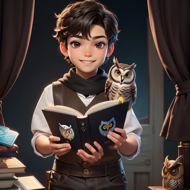(Highest quality, masterpiece: 1,1), (owl, black eyes, bright smile), brown skin, short hair, cute boy reading magic book, detailed, 8K