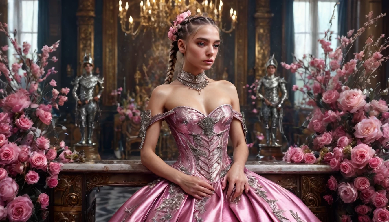 woman, Severe, Warrior, armor, elegant, Pink Dress, Aristocratic, silver element, Long nails, Bare shoulders, Hairstyle, Put your hair up, Braids and ponytails, Messy, arrogant, Absurd, Detailed dress, Royalty, celebration, Hall decorated with flowers, Cowboy Shot, Portraiture, (Highest quality), (masterpiece), (Very detailed), (4K)
