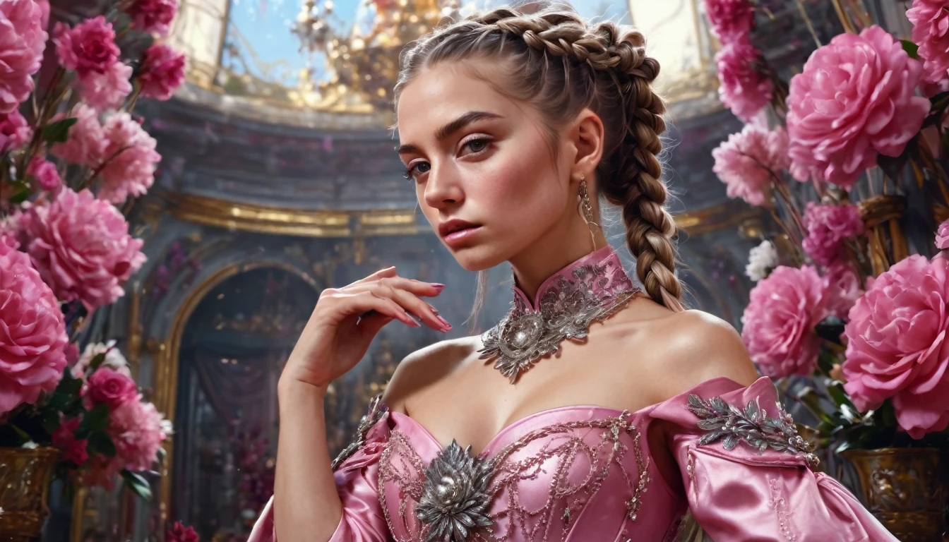woman, Severe, Warrior, armor, elegant, Pink Dress, Aristocratic, silver element, Long nails, Bare shoulders, Hairstyle, Put your hair up, Braids and ponytails, Messy, arrogant, Absurd, Detailed dress, Royalty, celebration, Hall decorated with flowers, Cowboy Shot, Portraiture, (Highest quality), (masterpiece), (Very detailed), (4K)