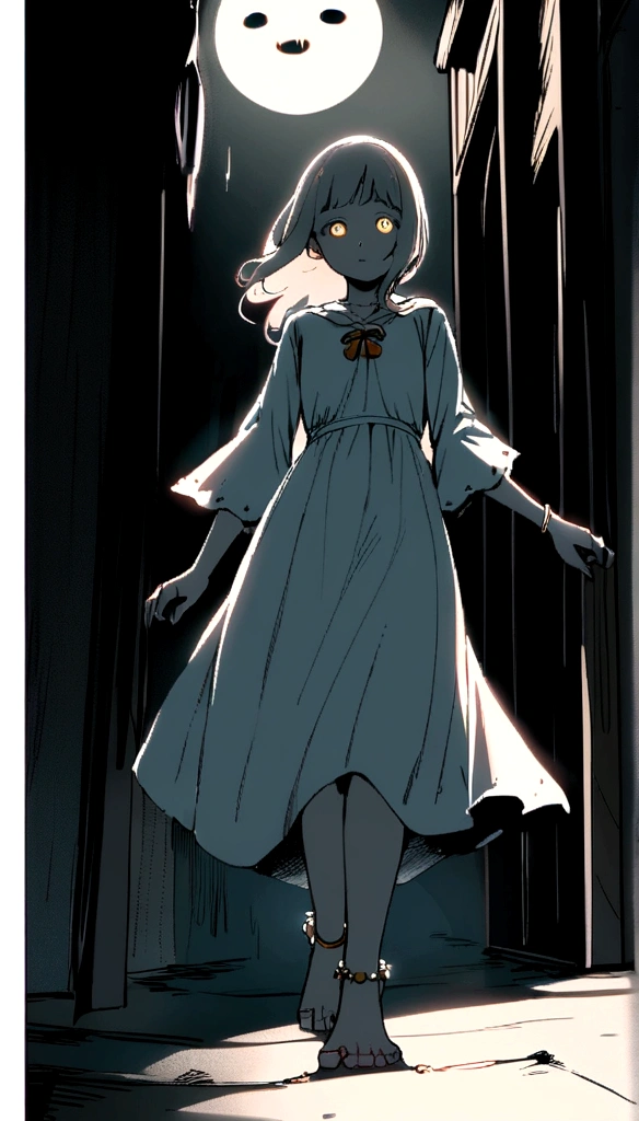 A ghost girl walking forward wearing anklet bells in her foot in the scary background