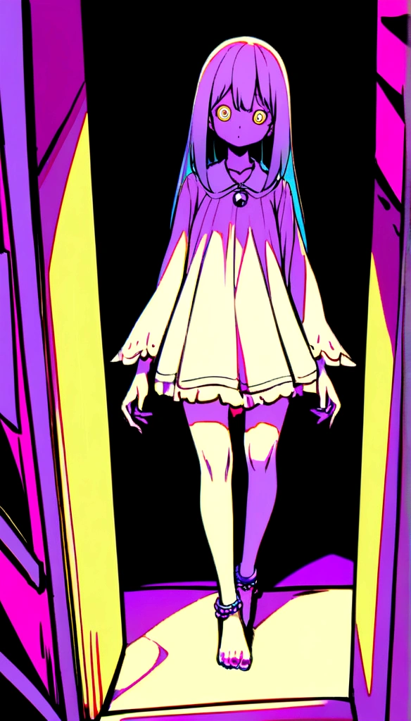 A ghost girl walking forward wearing anklet bells in her foot in the scary background