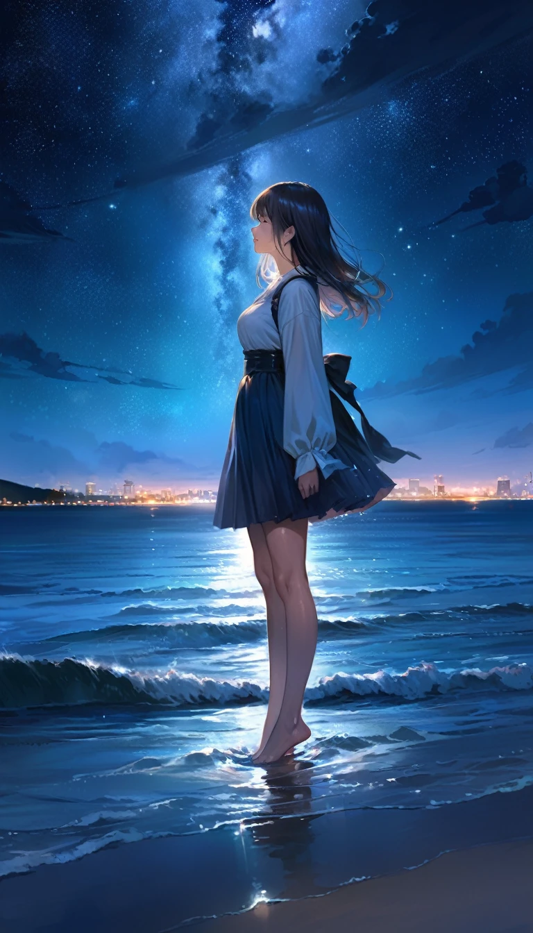 (close:1.4)、(RAW Photos:1.2)、(Realistic:1.4)、(masterpiece:1.3)、(highest quality:1.4)、Japanese Girls、(Night view:1.2)、Light clothing、pretty girl、put one foot in the sea、Standing on tiptoes、landscape、Between the horizon and the sea、Side view、Ripples spreading from the toes、Standing about 20 meters away、On the Sea、The whole scene is Shiny O&#39;s、illumination、