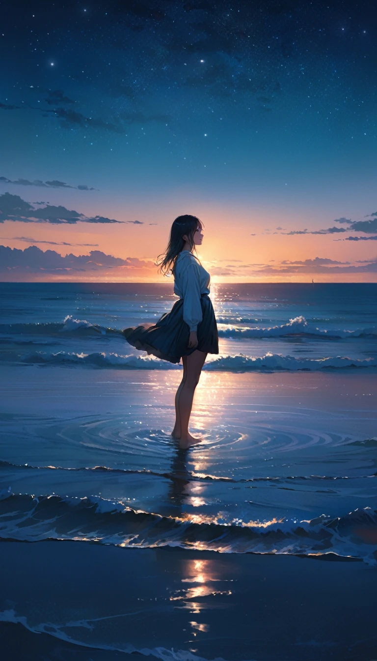 (close:1.4)、(RAW Photos:1.2)、(Realistic:1.4)、(masterpiece:1.3)、(highest quality:1.4)、Japanese Girls、(Night view:1.2)、Light clothing、pretty girl、put one foot in the sea、Standing on tiptoes、landscape、Between the horizon and the sea、Side view、Ripples spreading from the toes、Standing about 20 meters away、On the Sea、The whole scene is Shiny O's、illumination、