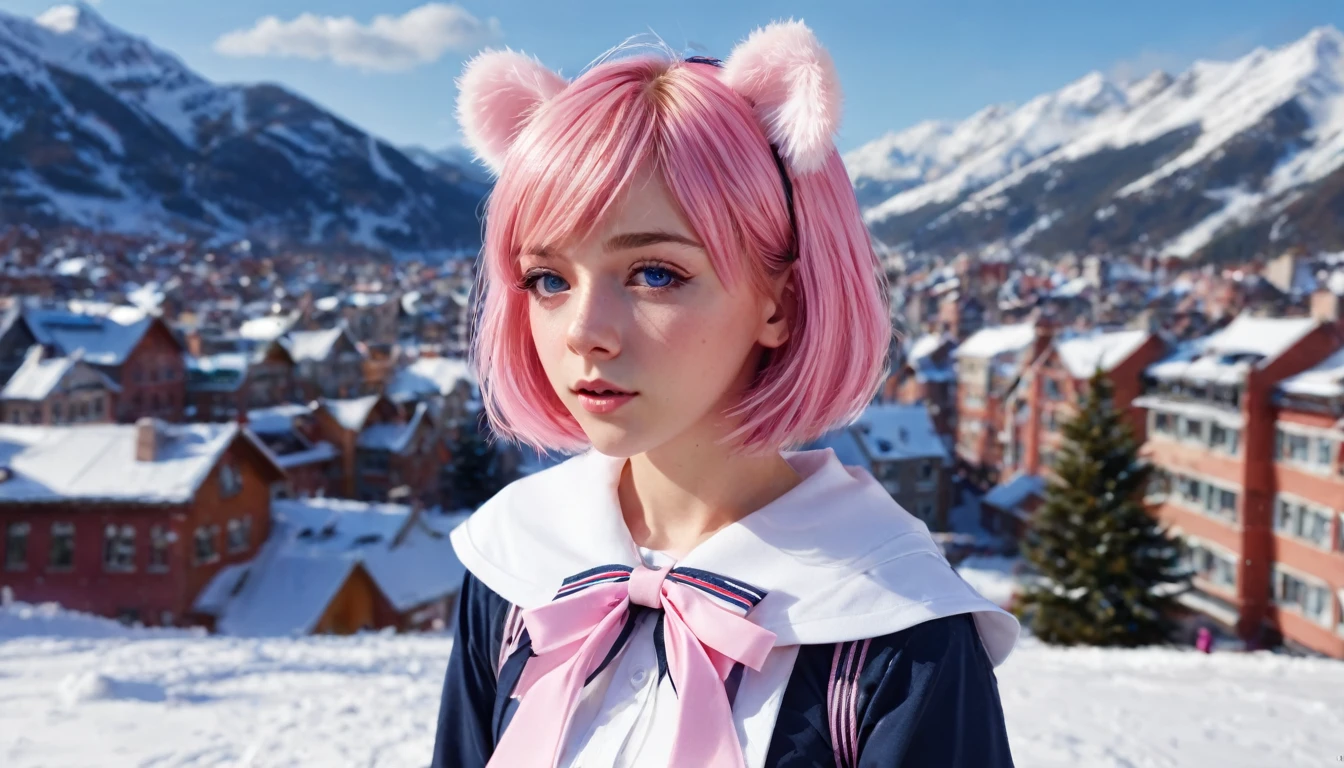 Ski Style, One girl, alone, Pink Hair, Animal ears, blue eyes, wing, View your viewers, bangs, short hair, bow, Sailor collar, white Sailor collar, hair bow, pink bow, Mouth closed, shirt, white shirt, Bear ears, Bobcut, mini wing, Portraiture, detached wing, compensate, Upper Body, Background city