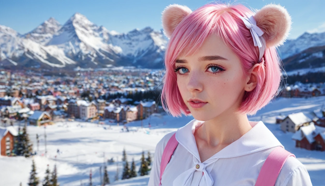 Ski Style, One girl, alone, Pink Hair, Animal ears, blue eyes, wing, View your viewers, bangs, short hair, bow, Sailor collar, white Sailor collar, hair bow, pink bow, Mouth closed, shirt, white shirt, Bear ears, Bobcut, mini wing, Portraiture, detached wing, compensate, Upper Body, Background city
