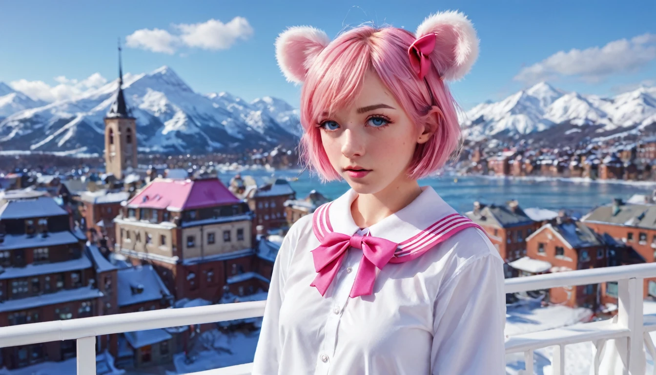 Ski Style, One girl, alone, Pink Hair, Animal ears, blue eyes, wing, View your viewers, bangs, short hair, bow, Sailor collar, white Sailor collar, hair bow, pink bow, Mouth closed, shirt, white shirt, Bear ears, Bobcut, mini wing, Portraiture, detached wing, compensate, Upper Body, Background city