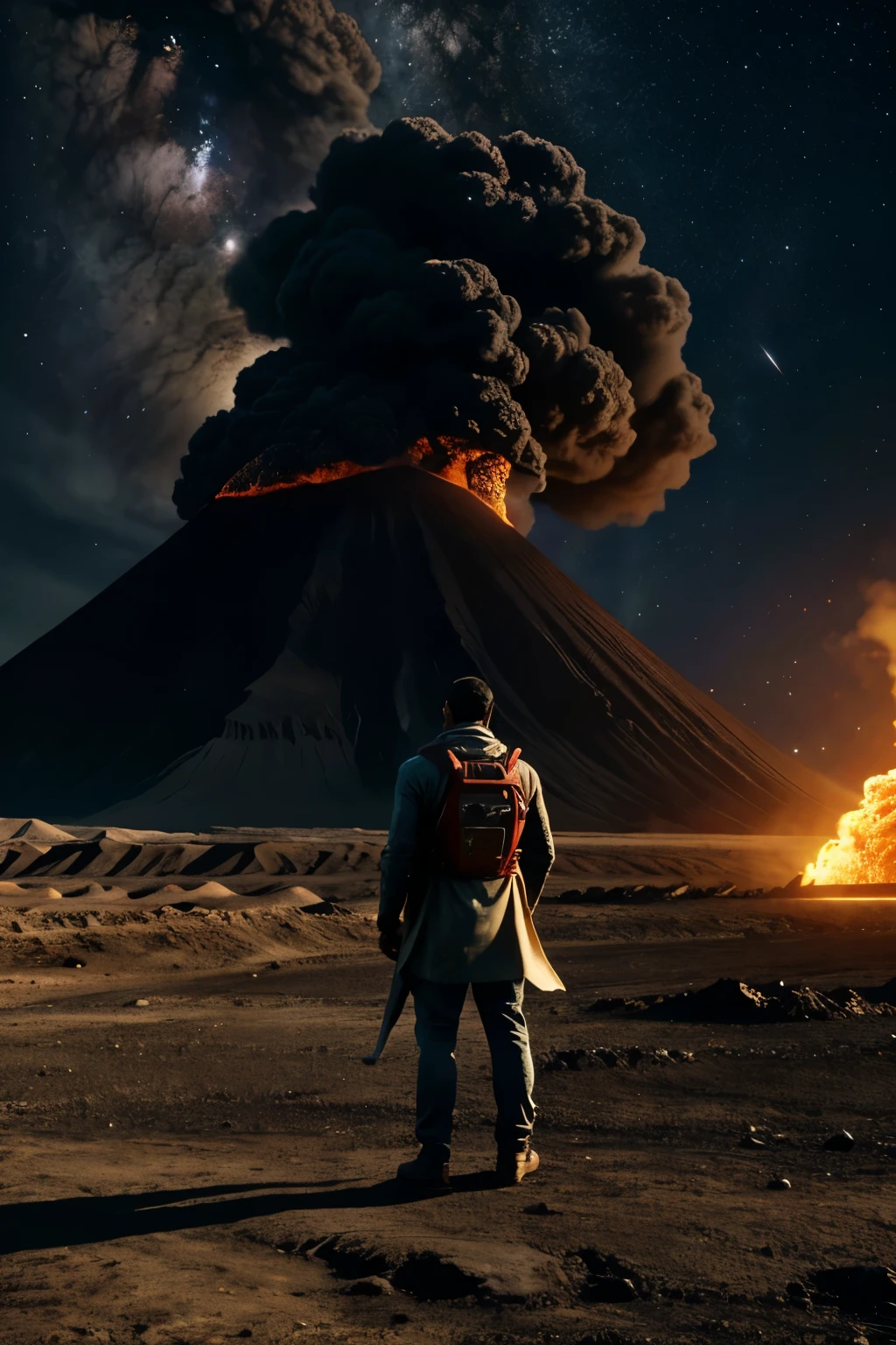 Create a super gaint valcano, earth is about to end, a poor man standing with hope for new life hd realistic image