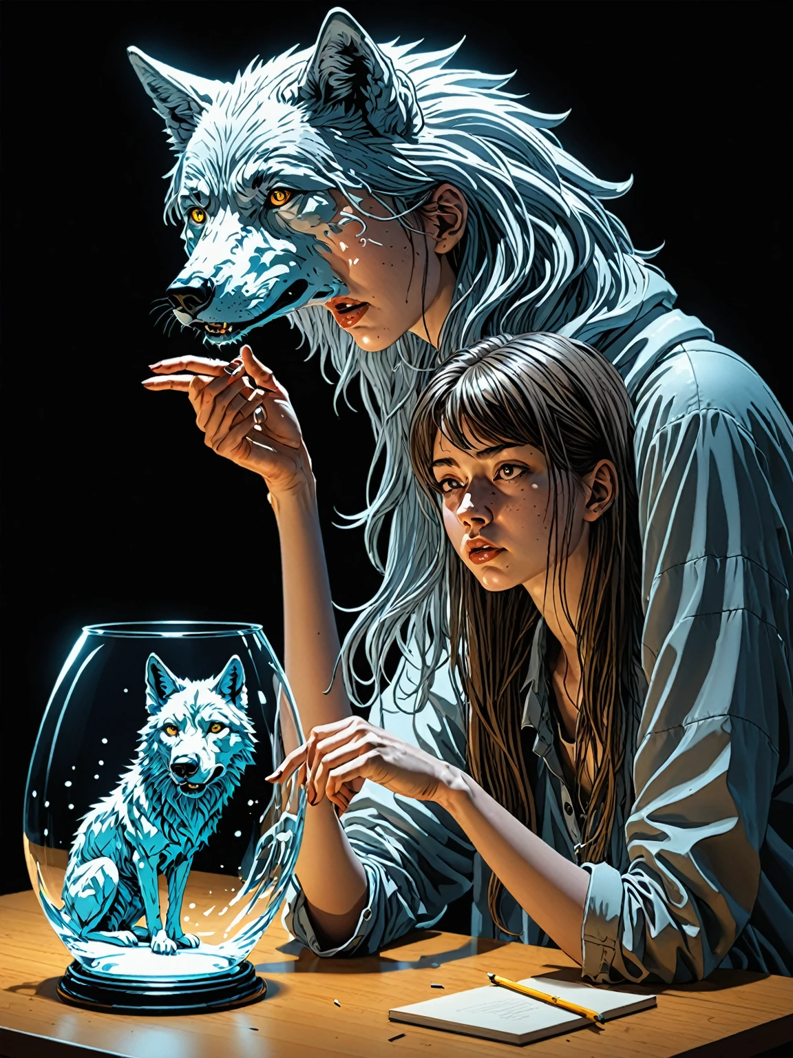 A bored female student with a wolf spirit, Transparent glass illustration by Katsuhiro Otomo, Yoshitaka Amano, And ArtJam. 3D Shadowing Effects, Concept Art, 8K resolution.  (Dramatic Light:1.15), Backlight 