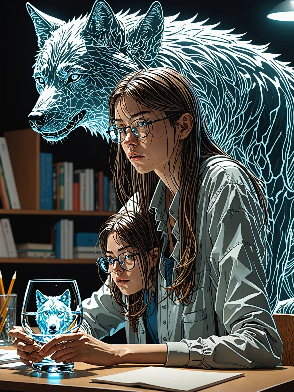 A bored female student with a wolf spirit, Transparent glass illustration by Katsuhiro Otomo, Yoshitaka Amano, And ArtJam. 3D Shadowing Effects, Concept Art, 8K resolution.  (Dramatic Light:1.15), Backlight 