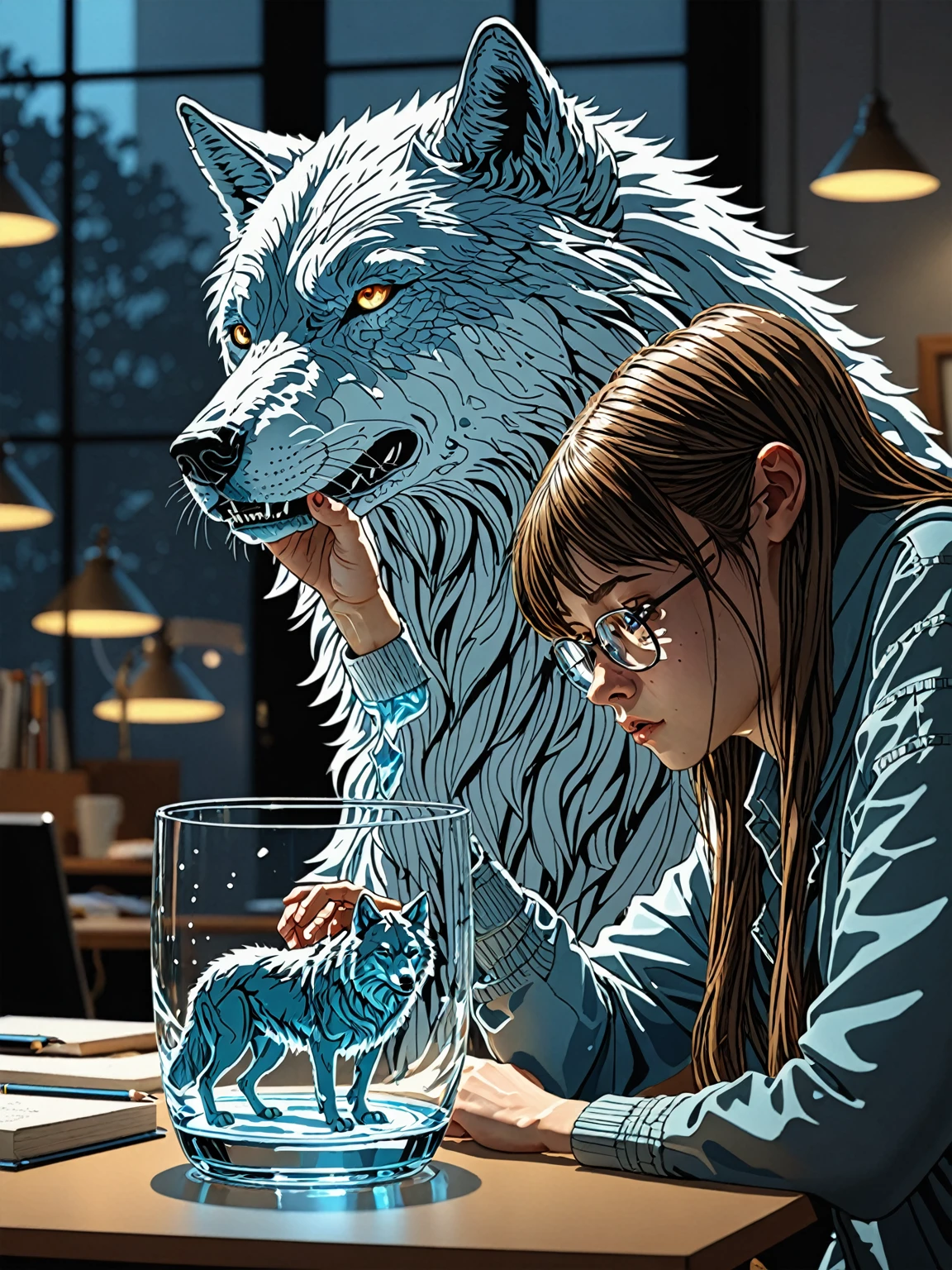 A bored female student with a wolf spirit, Transparent glass illustration by Katsuhiro Otomo, Yoshitaka Amano, And ArtJam. 3D Shadowing Effects, Concept Art, 8K resolution.  (Dramatic Light:1.15), Backlight 