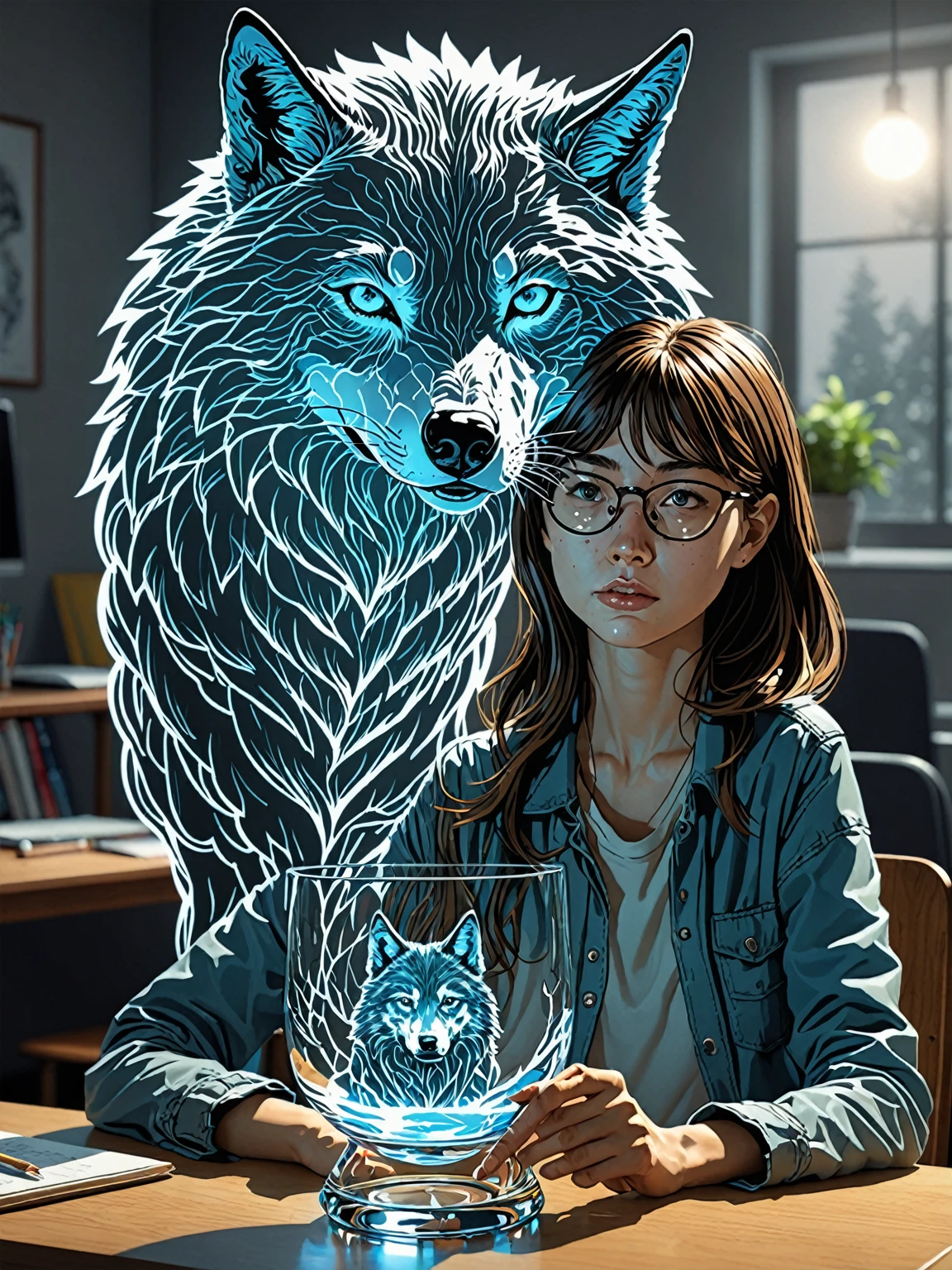 A bored female student with a wolf spirit, Transparent glass illustration by Katsuhiro Otomo, Yoshitaka Amano, And ArtJam. 3D Shadowing Effects, Concept Art, 8K resolution. (Dramatic Light:1.15), Backlight