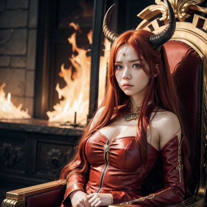Woman, long horns, long red hair, angry face, sitting on a throne, fire on the background