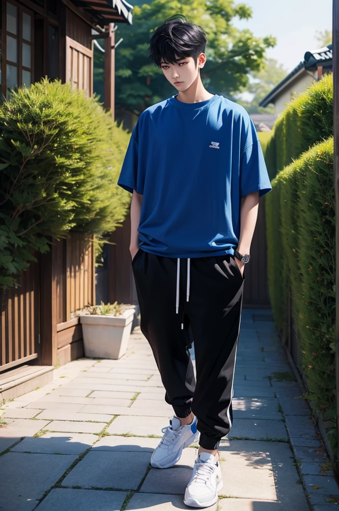 Korean young men, slim. wearing oversize blue T shirt then black jogger pants, full body, black short cut, garden