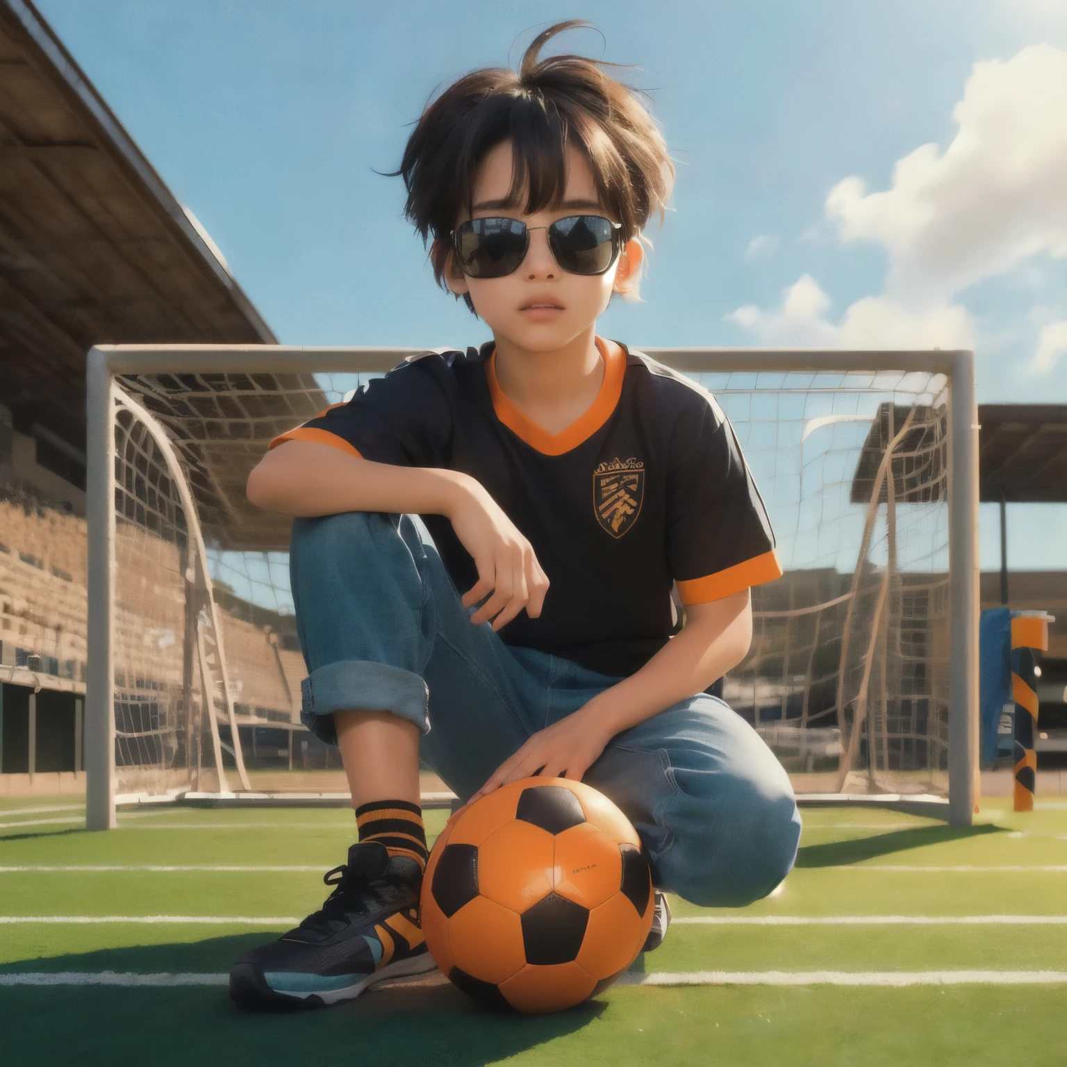 boy sitting on the ground with a soccer ball in front of him, realistic, highly detailed, photorealistic, ultra-detailed, 8k, best quality, intricate details, soft lighting, warm colors, glowing skin, beautiful detailed eyes, beautiful detailed lips, extremely detailed face and portrait, cinematic composition, dramatic lighting, moody atmosphere, serene outdoor landscape