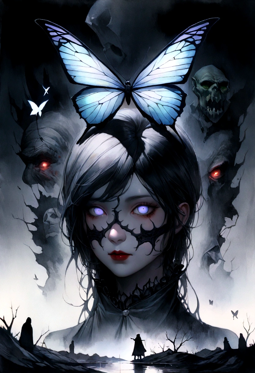 (butterfly:1.5),(butterfly theme:1.5),(dark horror theme:1.5),(thriller:1.5),(inspiration from Stephen King:1.5),(dark fantasy:1.5), (ink and watercolor painting:1.5), (black and white color:1.5), 8k, 4k, (landscapes:1.5),(A large number of butterflies fly towards the viewer:1.5),(ruined:1.5),(ruined village:1.5),(1800s:1.5), (ruined theme:1.5),(lots of flying butterflies:1.5),(puddle:1.5),(Unpaved roads:1.5),(absurderes:1.5),(fantastic:1.5),(best quality:1.5),(masterpiece:1.5),full body length,Quartz Manganite babygirl plays with doll,pretty face,eyebrow up,full body shot,ominous landscape,Fluorite Wulfenite atmosphere,by art Simon Stalenhag,Nicola Samori,(((Wangechi Mutu))),prime colors,urban,extremely detailed,masterpiece,intricate details,faded,eyes extremely detailed, high detailed eyes,4k resolution,RAW, Nikon Z9,scary town,stalker,orc,Stone Forest in Yunnan Province of China,best quality, ultra-detailed, realistic, portraits, dark and eerie atmosphere, glowing eyes, ethereal presence, hauntingly beautiful, ghostly figures, swirling mists, supernatural entities, demonic essence, shadowy forms, eerie whispers, sinister aura, hauntingly pale skin, dark and twisted branches, flickering candlelight, macabre elements, mysterious and enigmatic, spectral apparitions, gothic art style, hauntingly captivating, spectral realm, hauntingly melancholic, otherworldly beauty, ethereal glow, hauntingly haunting, chilling and atmospheric, eerie and ominous lighting.