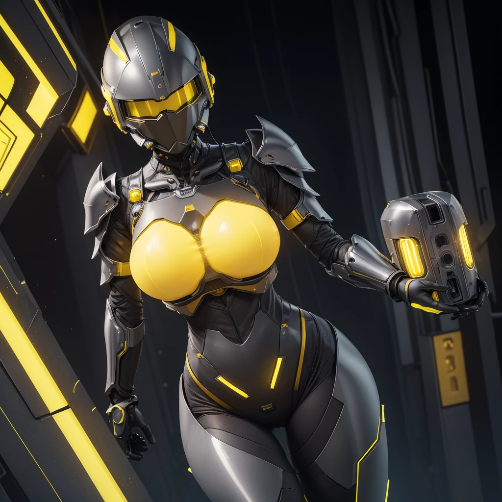 (masterpiece), (best quality), (high res) Solo, (perfect anatomy) Dronificated unknown woman , (enclosed gray full body armor) (yellow lights) (yellow glowing core in the chest), (enclosed cyber helmet), (yellow screen), huge breast, narrow waist, wide hips and thick thigs, , (no face) no face, no hair, no mouth, no eyes, in a factory, exposed chest
