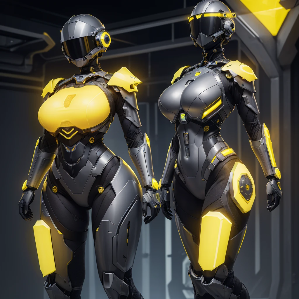 (masterpiece), (best quality), (high res) Solo, (perfect anatomy) Dronificated unknown woman , (enclosed gray full body armor) (yellow lights) (yellow glowing core in the chest), (enclosed cyber helmet), (yellow screen), huge breast, narrow waist, wide hips and thick thigs, , (no face) no face, no hair, no mouth, no eyes, in a factory, exposed chest