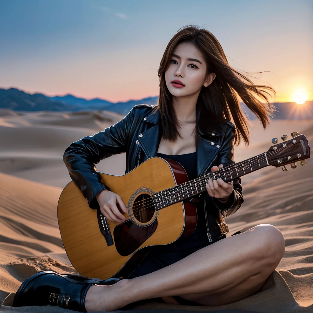 8k, top-quality, （pubic hair beauty）、hight resolution, lifelike, realperson, cinematic lighting soft lighting、A musician wearing a leather jacket is sitting and glaring at me.、a beauty girl、huge tit、beauty legs、guitar, sitting on a huge dessert dune valley at sunset,