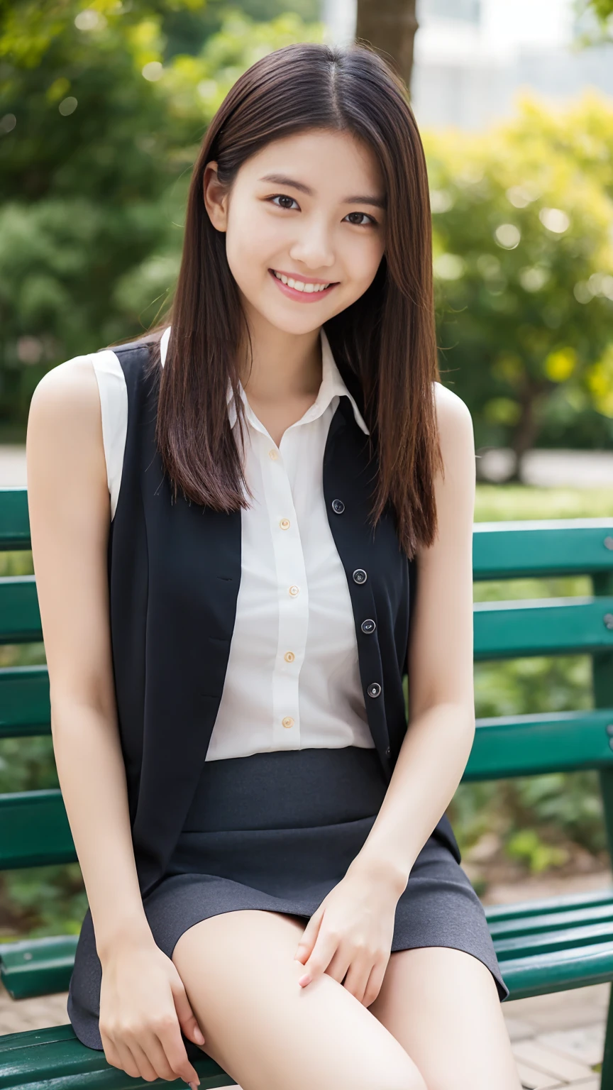 Japanese office lady、Sleeveless Shirt、lunch、sitting on a park bench、smile、Tight mini skirt、masterpiece,best quality,ultra detailed,highres,high-resolution,4K,realistic,RAW photo,((real person)),portrait photography,photorealistic,detailed skin,(delicate black eyes ), A soothing woman with sagging eyes,Calm and calm, middle hair,skinny,clothing,The wind is blowing,tareme、Beautiful legs、Small shirt、Panty shot、Knees are higher than hips、White shorts