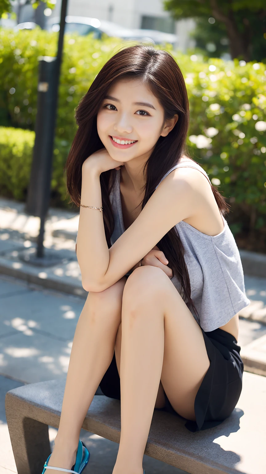 Japanese office lady、Sleeveless Shirt、lunch、sitting on a park bench、smile、Tight mini skirt、masterpiece,best quality,ultra detailed,highres,high-resolution,4k,realistic,RAW photo,((real person)),portrait photography,photorealistic,detailed skin,(delicate black eyes ), A soothing woman with sagging eyes,Calm and calm, middle hair,skinny,clothing,The wind is blowing,tareme、Beautiful legs、Small shirt、Panty shot、Knees are higher than hips、