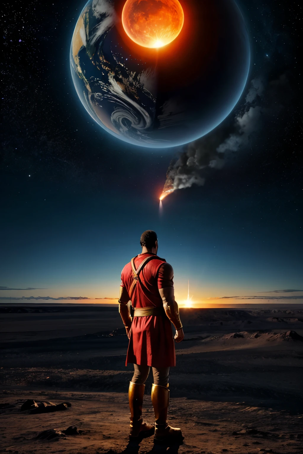 Create a super gaint valcano, earth is about to end, a poor man standing with hope for new life hd realistic image 
