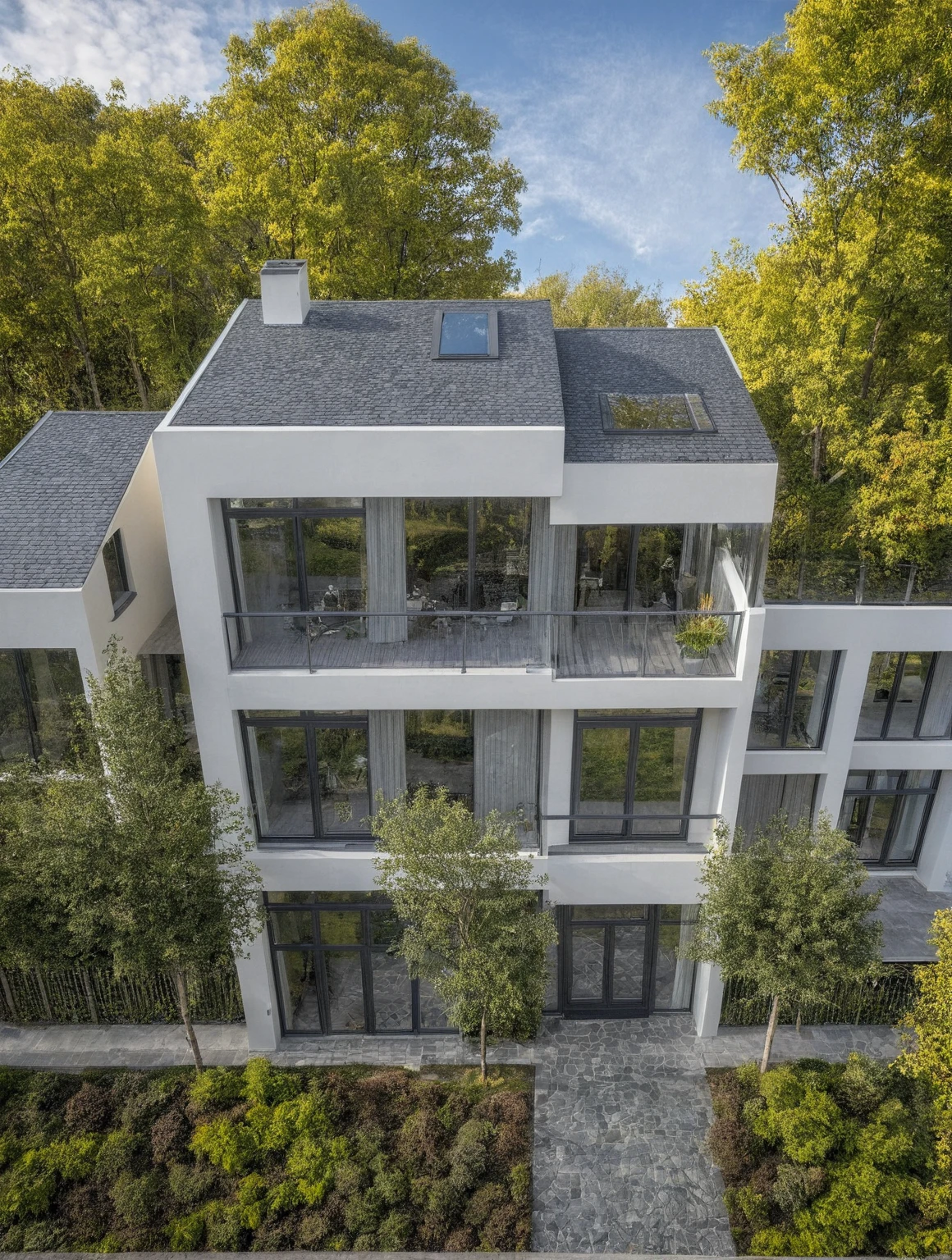 villa moderne, (style moderne:1.2), exterior design, vue de perspective, (block sidewalks and asphalt roads), (la maison du voisin d'Beside), (jour light sky background), Arbres bas autour de la maison, atmosphère globalement paisible photo cinématographique, (L'neutral lighting suitable for the modern villa, clear color thermometer sunlight 5500 KEVIN), Hyperrealistic art, professionnel, 8k, very detailed ï¼, (visualisation de la conception architecturale), (reflection), (se concentrer sur un objet), (material normal bump real reflection), (Scattered light), (hidden light) (rayon de lumière), (lumière multifaisceaux), (rayon de soleil) (multi-level reflection), (rendu de visualisation du logiciel corona:1.2),(((best quality))), ((chef-d'artwork)), ((meilleure illustration)), ((meilleures ombres)), ((great detail)), (Lignes complexes), (photorealism),(hyper detail), ((archaic)), ((Award-winning design)), (dynamic light), ((jour)), (Lumière parfaite), (Shimmering light), ((photorealistic)), ((complex detail)), ((extreme detail)), ((science)), ((hyper-detail)), ((great detail)), ((super realistic)), ((Crazy Detail)), ((rendu d'octane)), ((cinematic)), ((tendance sur artstation)), ((High fidelity)), ((video)), ((croustillant)), ((Brillant)), ((Superbe)), ((Attrayant)), ((High quality)),((pointu))((Brillant)), ((Superbe)), naturel, ((Attrayant)), ((Enlightening)), ((impeccable)), ((High quality)),((pointu edge render)), ((moderately soft lighting)), ((rendu photographique)), ((detailed archiving)), {real environment|spring adjustment|espace de style tropical}