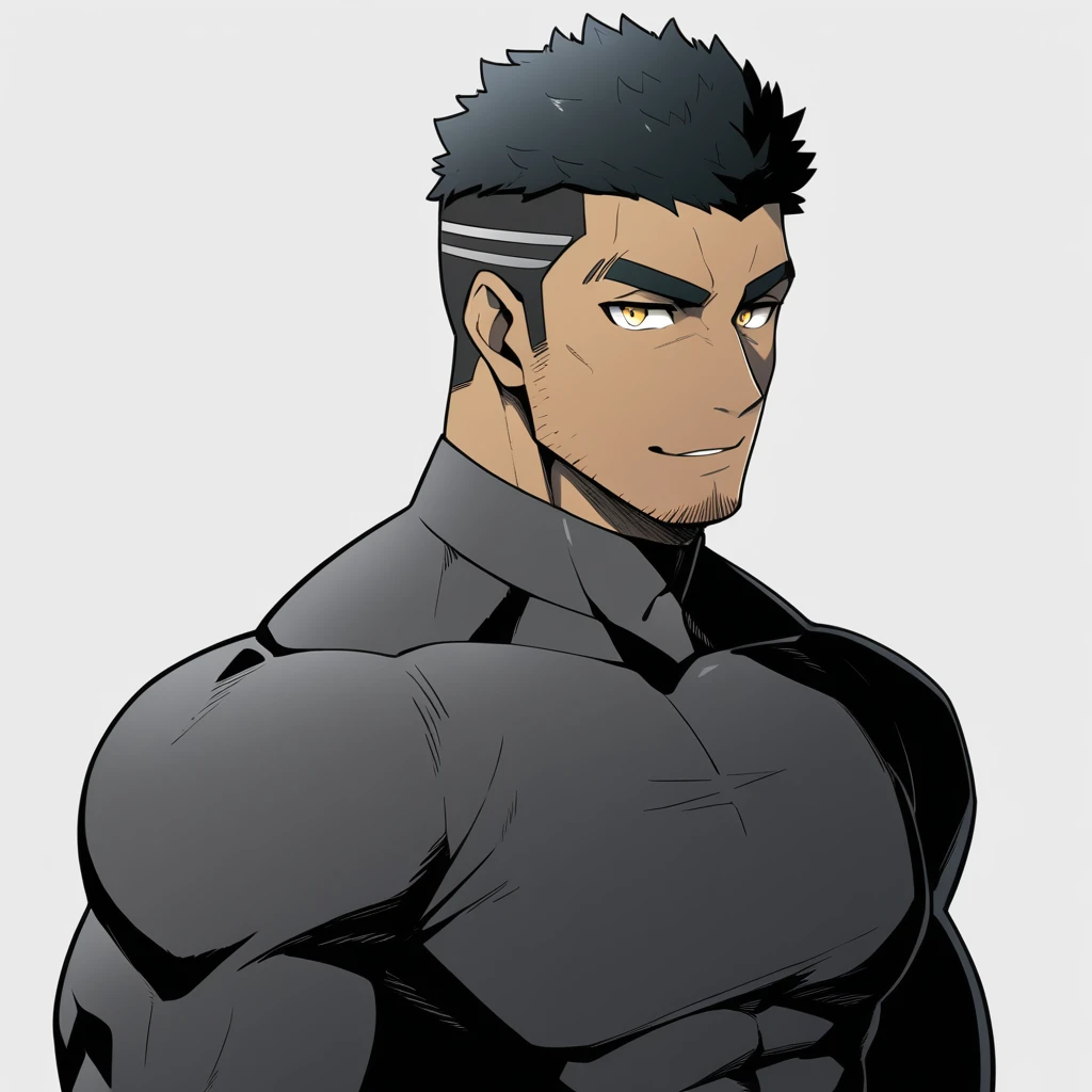 one negro, anime characters:Gyee, Hibino Kafka, One Muscle Sports Student, negro black skin, Very Black, muscular tough guy, Manliness, male focus, Grey long sleeve turtleneck tight t-shirt, Regular symmetrical pattern, Very tight, muscular male, muscular, only, Upper body, alone, Black short hair, Thick eyebrows, stubble, Yellow eyes, White background, simple background, amazing quality, best aesthetics, Ridiculous, bright pupils, crew cut, parted lips, seductive smile, torogao, naughty face, best quality