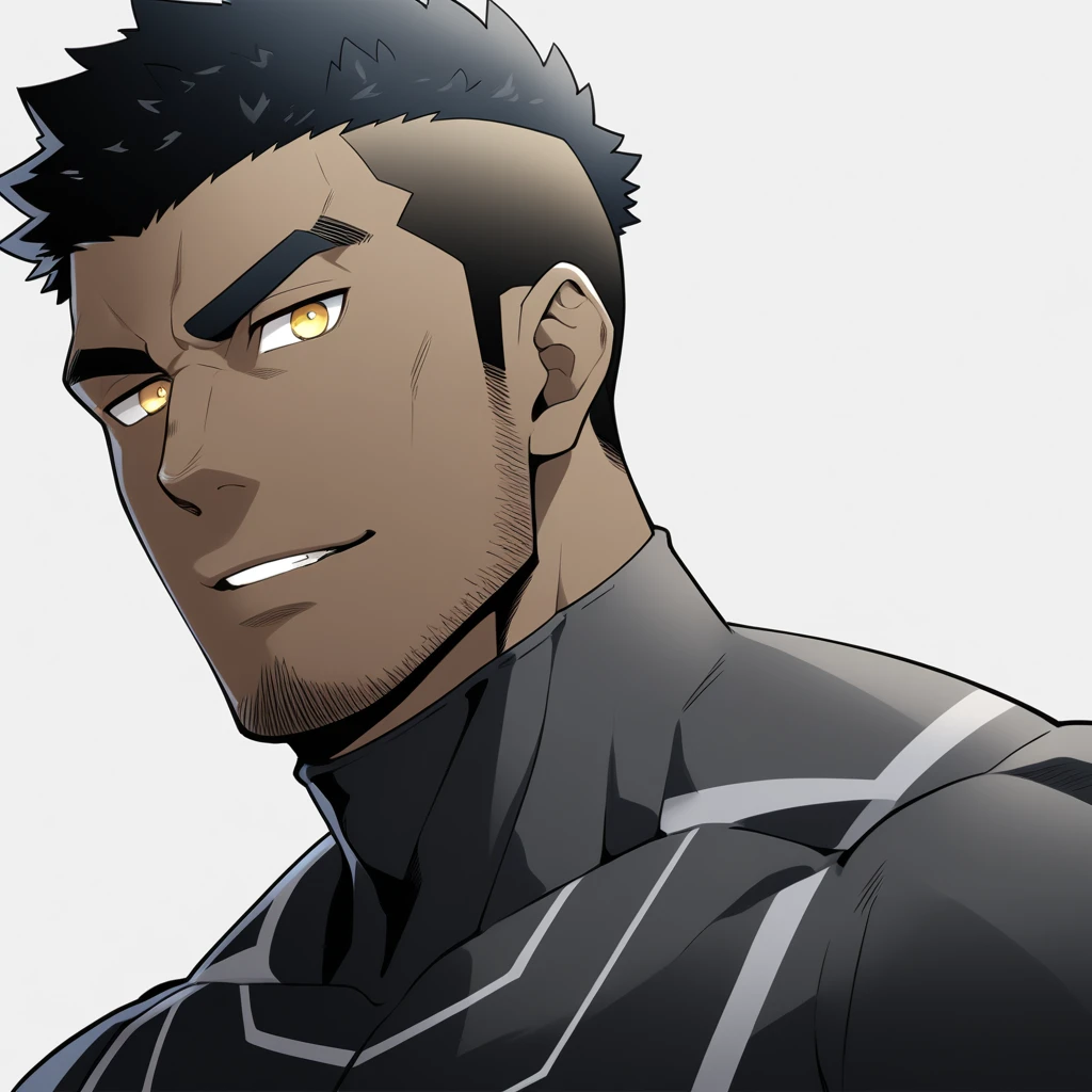 one negro, anime characters：Gyee, Hibino Kafka, One Muscle Sports Student, negro black skin, Very Black, muscular tough guy, Manliness, male focus, Grey long sleeve turtleneck tight t-shirt, Regular symmetrical pattern, Very tight, muscular male, muscular, only, Upper body, alone, Black short hair, Thick eyebrows, stubble, Yellow eyes, White background, simple background, amazing quality, best aesthetics, Ridiculous, bright pupils, crew cut, parted lips, seductive smile, torogao, naughty face, best quality