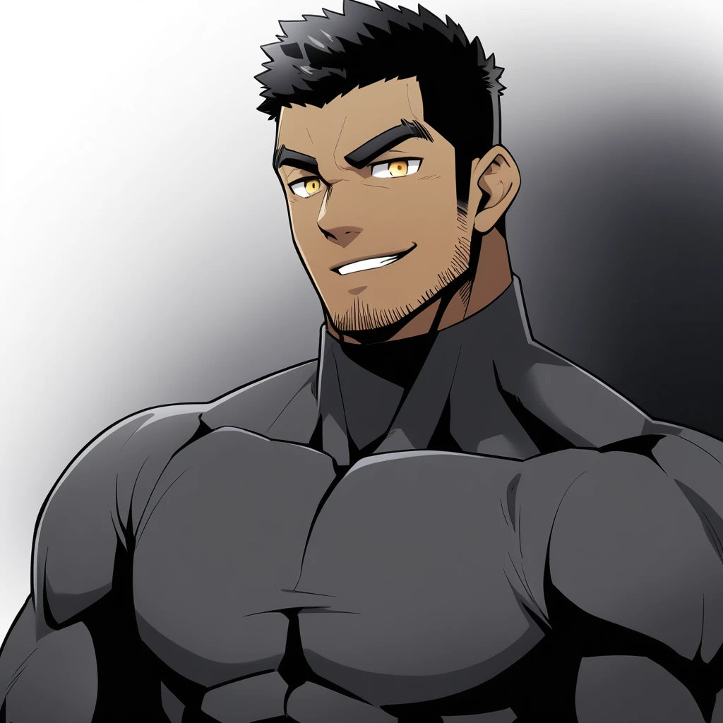one negro, anime characters:Gyee, Hibino Kafka, One Muscle Sports Student, negro black skin, Very Black, muscular tough guy, Manliness, male focus, Grey long sleeve turtleneck tight t-shirt, Regular symmetrical pattern, Very tight, muscular male, muscular, only, Upper body, alone, Black short hair, Thick eyebrows, stubble, Yellow eyes, White background, simple background, amazing quality, best aesthetics, Ridiculous, bright pupils, crew cut, parted lips, seductive smile, torogao, naughty face, best quality