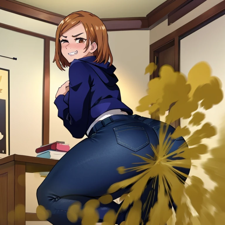 HD, high quality, high resolution, ultrahd, Nobara Kugisaki, 1female, wearing default outfit, dark blue hoodie, white pants, default hair, brown hair, very tall body, thin body, massive fart, yellow smoke, velocity, 1 eye closed, 1 eye opened, forcing, struggling, struggle face, blush leaning, viewing ass, embarrassed, smiling, clenching teeth, alone in a room, beautiful lighting, highlights