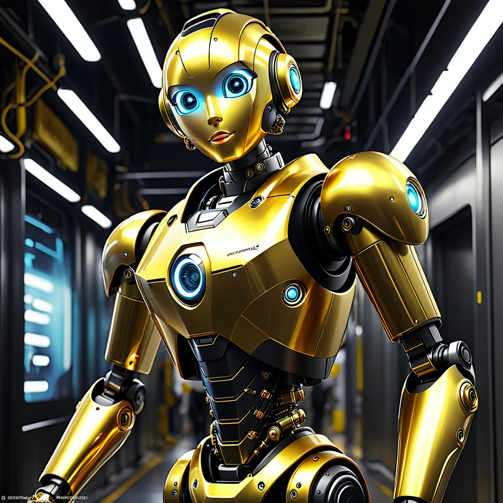 dua puluh robot emas berkumpul di ruangan futuristic bernuansa gelap, terdapat lampu gantung berwarna emas dan hitam di atas