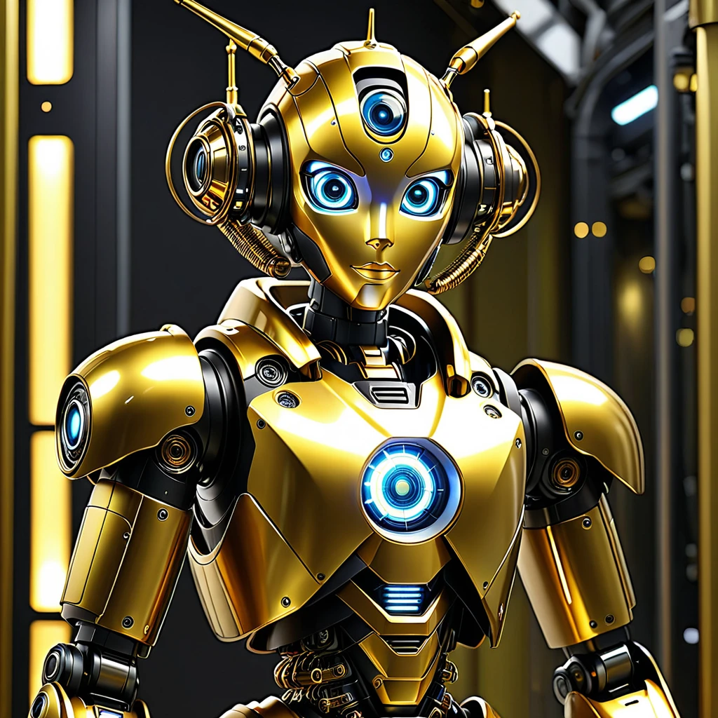 dua puluh robot emas berkumpul di ruangan futuristic bernuansa gelap, terdapat lampu gantung berwarna emas dan hitam di atas