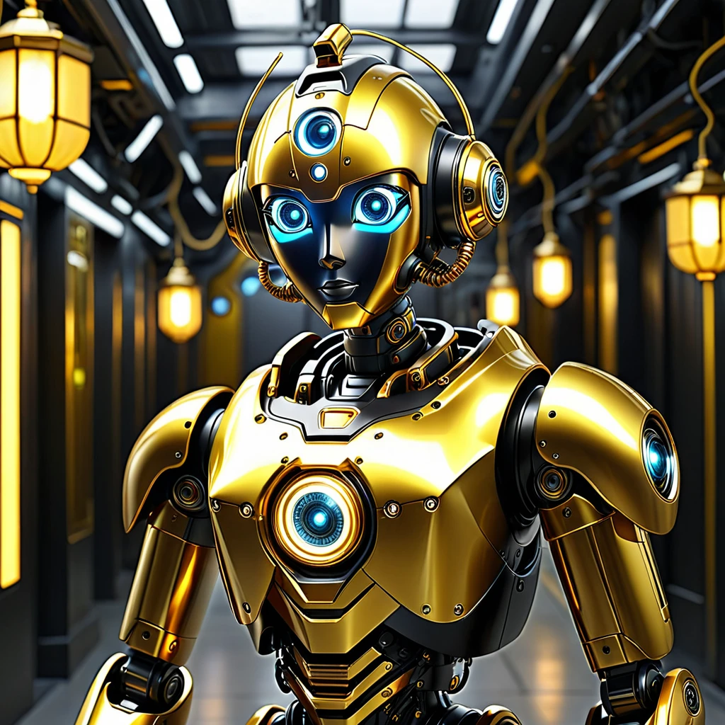 dua puluh robot emas berkumpul di ruangan futuristic bernuansa gelap, terdapat lampu gantung berwarna emas dan hitam di atas