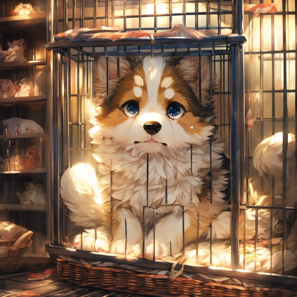 White fur all overのパグ犬の子犬、（White fur all over:1.3）、Inside the pet shop、Crying in a cage、Sad expression