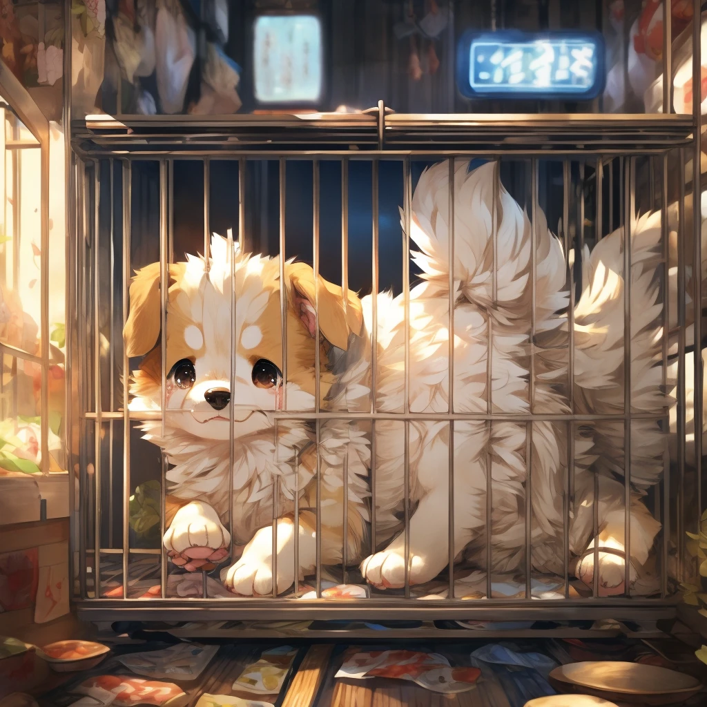 White fur all overのパグ犬の子犬、(White fur all over:1.3)、Inside the pet shop、Crying in a cage、Sad expression