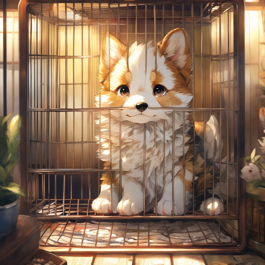 White fur all overのパグ犬の子犬、（White fur all over:1.3）、Inside the pet shop、Crying in a cage、Sad expression
