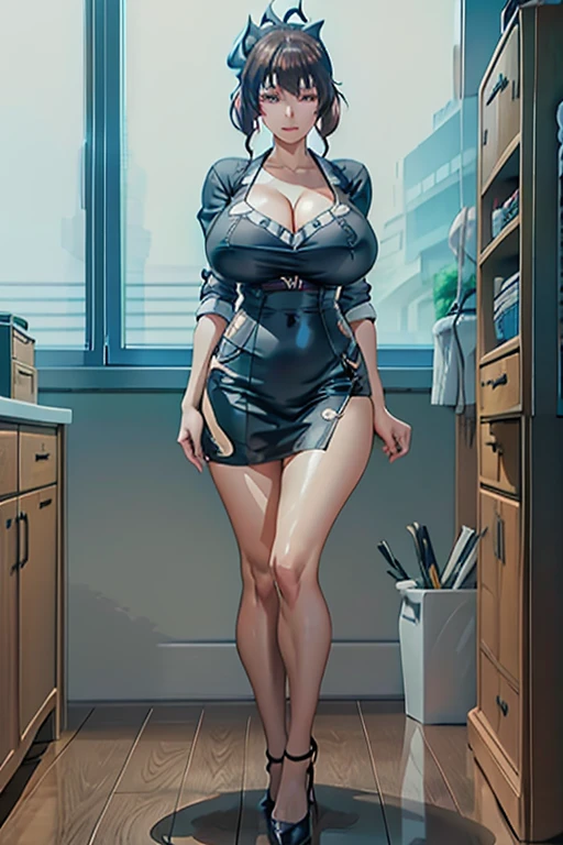 Beichuan Ushido Room Style, Animated visual of a young woman,Focus on the face. Delicate and beautiful face. High ponytail,City,outdoor,stand up,Long Law,(((Full and soft breasts,)))(((Large Breasts))) (((Cleavage))),Mature breast wife,Married woman,Mature woman,Office female staff,(masterpiece), (best quality), (Extremely detailed),(Messy hair),Huge ,Stilettos,Slender,Fine details,Feet are fragile